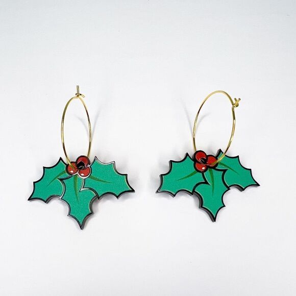Christmas Holiday Green Holly Hoop Earrings - Picture 1 of 2